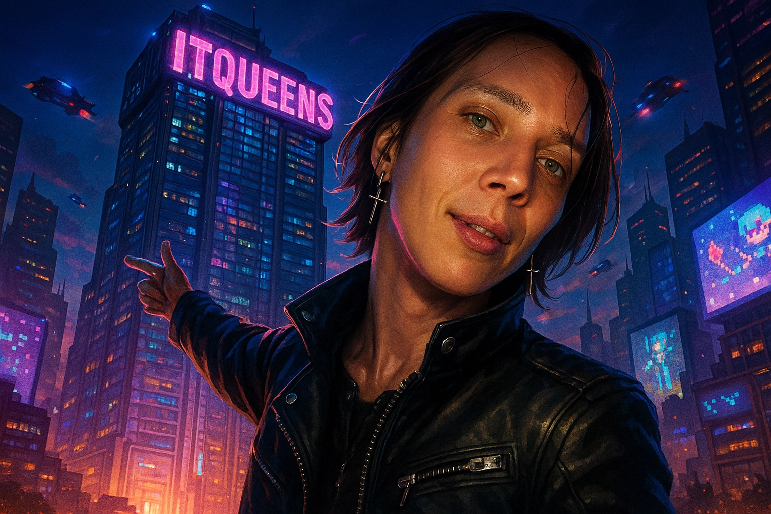 Автор ITQUEENS на фоне неонового города
